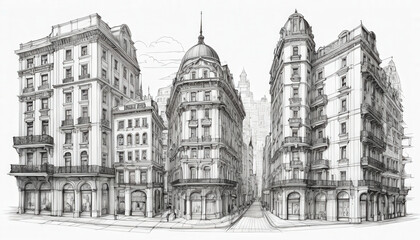 Obraz premium A detailed pencil drawings showcasing historic and modern street buildings, isolated on a white background. The sketches highlight architectural styles, intricate details, and urban charm.