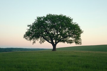 Majestic solitary tree in a serene green field under a pastel sky during sunset.