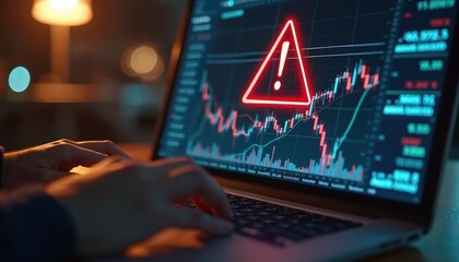 Person analyses stock market data late night on laptop with red warning alert sign. Financial crisis, economic downturn, trading risks, data visualization with fluctuating graphs.