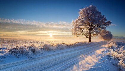 Obraz premium sunrise landscape with frost covered tree and snow covered road