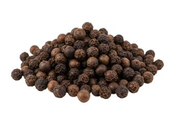Small pile of fresh black peppercorns with detailed surface, isolated on white background.
