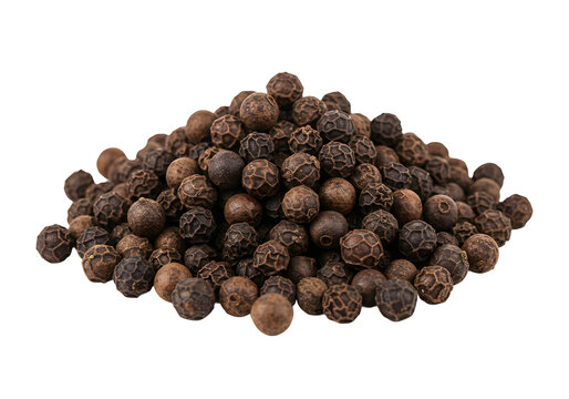 Small pile of fresh black peppercorns with detailed surface, isolated on white background.
