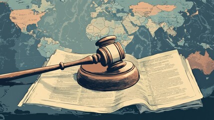 A wooden gavel rests on an open legal document, symbolizing justice and law against a vintage world map background, representing global legal principles and governance.