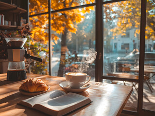 A cozy caf&eacute; on a crisp autumn morning - A small