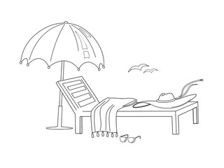 Parasol, Sunbed, Hat, Sunglasses - a simple Illustration on the Theme of Vacation on the Seaside, black line