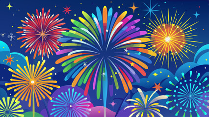 Naklejka premium New Year Background, A vibrant display of colorful fireworks against a clear blue sky, creating a festive atmosphere perfect for celebrations.