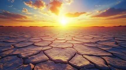 Dramatic cracked earth desert landscape at sunset, showcasing arid conditions