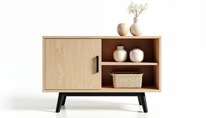 Fototapeta premium Modern wooden cabinet display items with white background. Stylish furniture piece for home decor. Shelves showcase vases, basket. Minimalist design, neutral tones, Scandinavian aesthetic.
