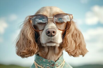 Dog wearing sunglasses and a green shirt
