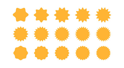 Sticker price from yellow circle, star shape set. Graphic elements sun, sunburst, star or flower for sale or discount. Price tag, promo badge, shopping label. Collection figures. Vector illustration