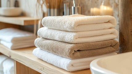 Neatly Folded Beige Towels on Wooden Shelf