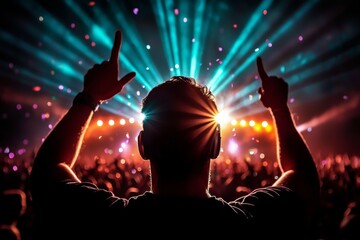 Man is standing in front of a crowd of people, holding up his hands