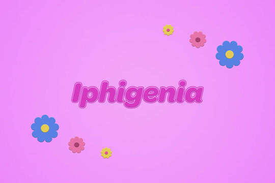 Iphigenia female girl name illustration in pink with blossoms, flowers