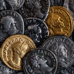 A treasure of Roman gold and silver coins.Trajan Decius. AD 249-251. AV Aureus.Ancient coin of the...