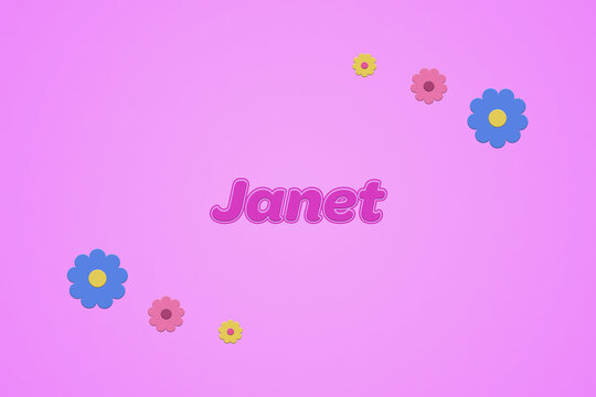 Janet female girl name illustration in pink with blossoms, flowers