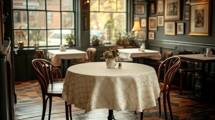 Cozy restaurant interior with round table, chairs, and white tablecloth.