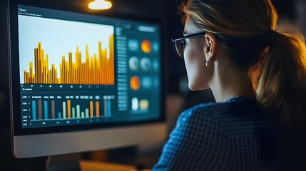 Analyst at Work: A focused analyst delves into intricate data analysis, meticulously studying the visualized data with an unwavering eye for detail, bathed in the soft glow of the computer screen.