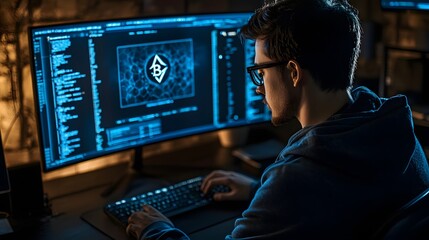 Digital Guardian: A focused individual intently navigates intricate code and data, engrossed in the world of cybersecurity, illuminated by the soft glow of a computer screen.