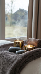 A Serene Spa Sanctuary: Luxurious Treatment Room Featuring Warm Lighting, Basalt Stones, Rolled Towels, and a Gentle Misty Atmosphere for Ultimate Relaxation