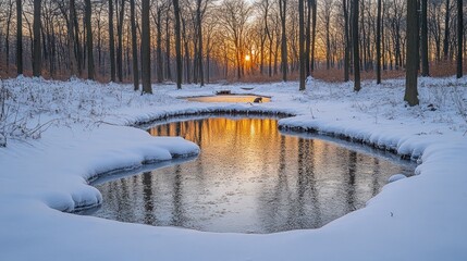 Fototapeta premium Sunset reflecting on a frozen pond in a snowy winter forest.