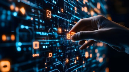 Fototapeta premium Digital Touch: A hand interacts with an intricate digital interface, emphasizing the concepts of connectivity, innovation, and technological progress.