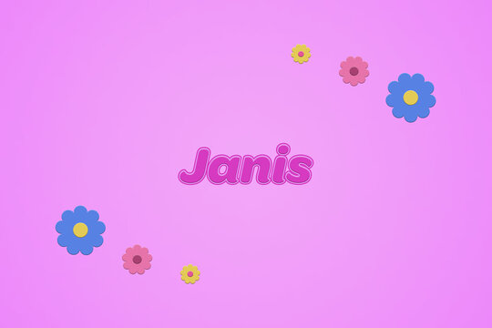 Janis female girl name illustration in pink with blossoms, flowers