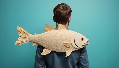 young man with a paper fish attached to his back, paper fishes in back of man for april fools day, April 1 is day of fools.Funny day.April fish. Practical jokes, created with generative ai