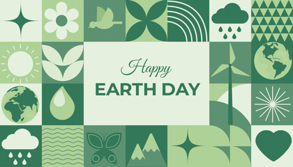 Vector illustration for Earth Day with eco icons like wind turbine, globe, leaf, bird, and heart, promoting sustainability, biodiversity, and green lifestyle concepts.