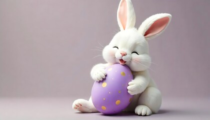 Fototapeta premium Adorable white easter bunny hugging a big decorated purple egg with gold spots , Easter day banner for website created with generative ai 