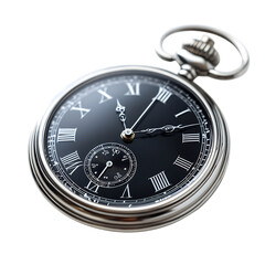 Silver Pocket Watch with Roman Numerals Isolated on Transparent Background