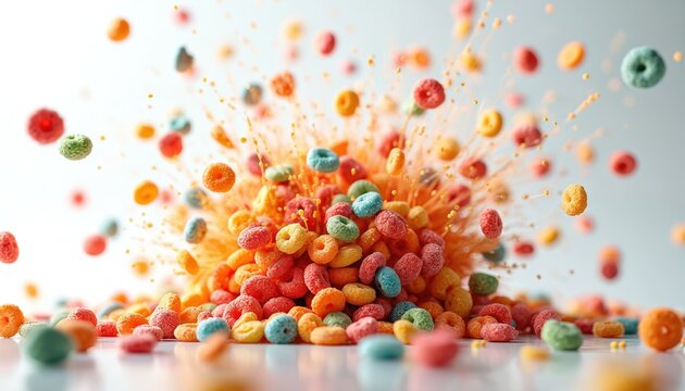 Illustration of colorful fruity pebbles cereal exploding, dynamic action in motion with floating pieces. Vibrant breakfast food concept against white background. Playful, modern design, eye-catching