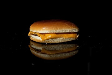 Close-up of a cheeseburger on a dark surface.  Melted cheese, and patty are visible between the buns