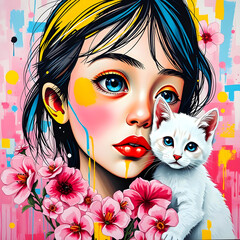 painterly dark hair girl portrait with her belovedd white kitty pink flowers artsy dripping paints surreal abstract