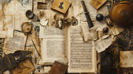 Collage of historical elements blending artifacts and ancient manuscripts to form a visually rich and informative composition. Ancient Manuscript. Illustration