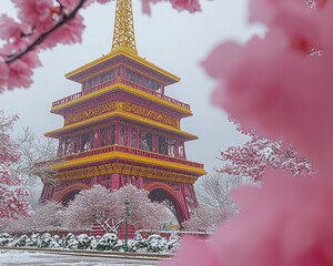 Red pagoda-style tower covered in snow, framed by pink blossoming branches
