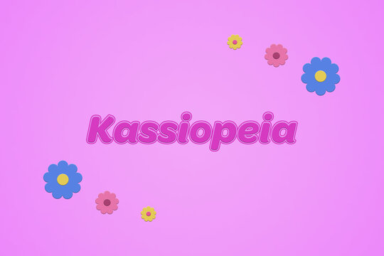 Kassiopeia female girl name illustration in pink with blossoms, flowers