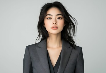 Obraz premium Woman wearing a black jacket and a black dress. She has long hair and is wearing makeup