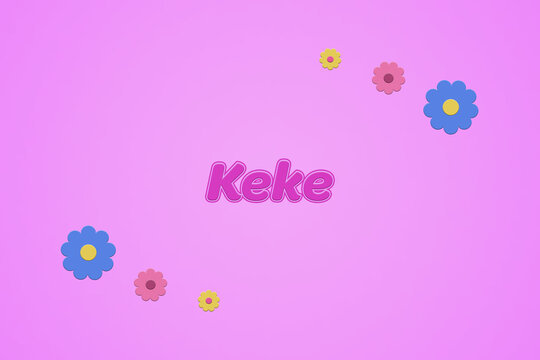 Keke female girl name illustration in pink with blossoms, flowers