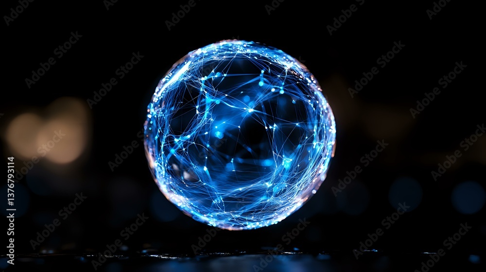 Poster glowing blue sphere with connected network lines floating in dark space, creating futuristic technol