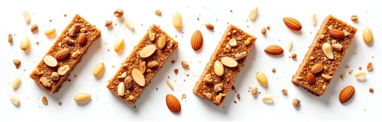 Nut bars scattered nuts. Healthy snack with grains, seeds. Crunchy ingredients, mix of almonds, cashews, walnuts. Perfect for a quick energy boost after workout. Healthy food, fitness concept.