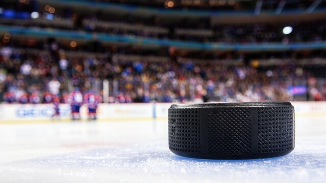 Close-up hockey puck on ice rink, frozen surface, winter sport, professional match, game moment, team competition, indoor arena, sports background, puck close-up, cold atmosphere