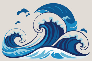 Abstract sea waves. Ocean silhouette aqua curlicues, ripples, curls, splashes. Turquoise and blue water marine icons for graphic design. Logo template. Vector set. Tsunami or stormy weather