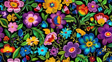 Vibrant floral pattern with colorful blooms in folk art style on black background. Pink, yellow, purple and blue flowers with green leaves create seamless design.