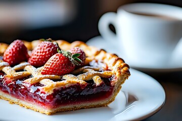 Fresh strawberry pie with lattice crust served on white plate, garnished with whole berries. Coffee cup in soft focus background creates cozy atmosphere.