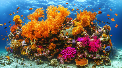 Naklejka premium Vibrant coral reef teeming with colorful fish featuring orange pink and blue corals set against a deep blue ocean ba