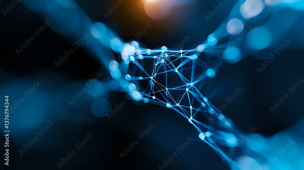 Poster glowing network connections with geometric lines and dots forming abstract digital mesh structure ag
