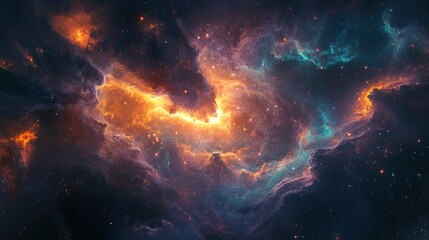 A stunning view of a colorful nebula, with vibrant shades of orange, blue, and purple