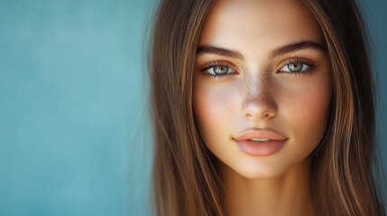 Naklejka premium Young woman with clear skin poses against blue background