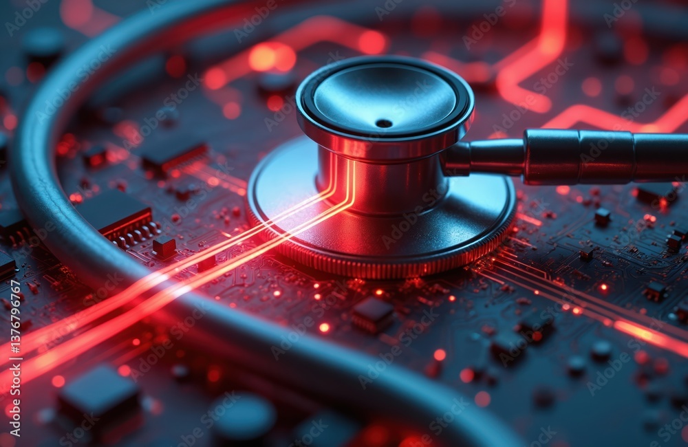 Poster stethoscope on circuit board with pathways, tech diagnostics in modern medicine. digital healthcare 