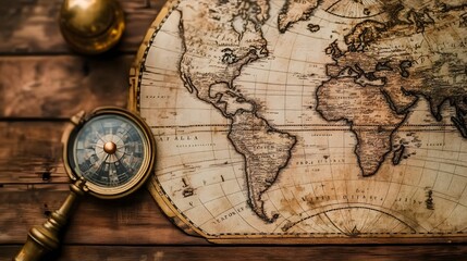 A Journey Through Time: An antique map is the focal point, accompanied by a compass and globe, all positioned on an old wooden desk, evoking a sense of exploration.